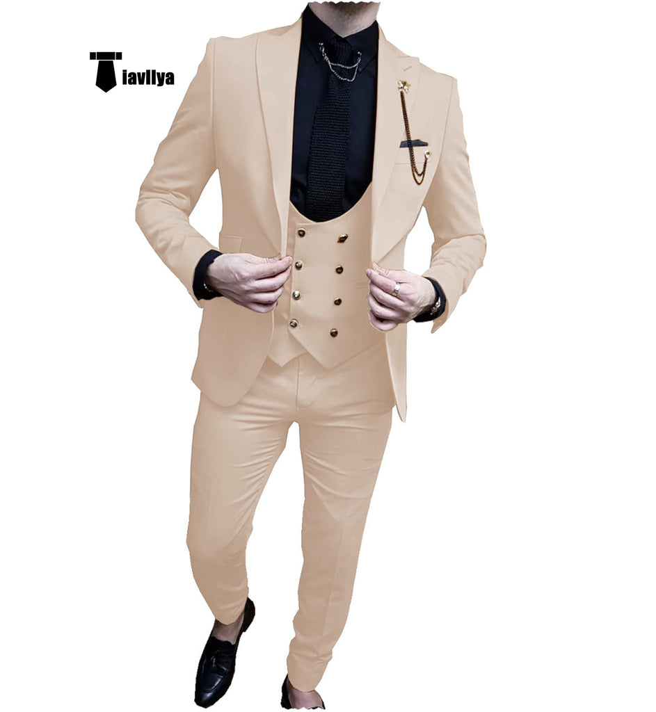 Fashion Men’s Suit 3 Piece Peak Lapel Flat Tuxedo Wedding (Blazer + Vest + Pants) Xs / Beige