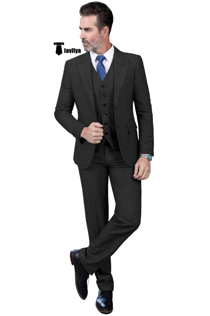 Cassual Men’s 3 Pieces Suit Tweed Peak Lapel Tuxedos (Blazer + Vest + Pants) Xs / Black Pieces Suit