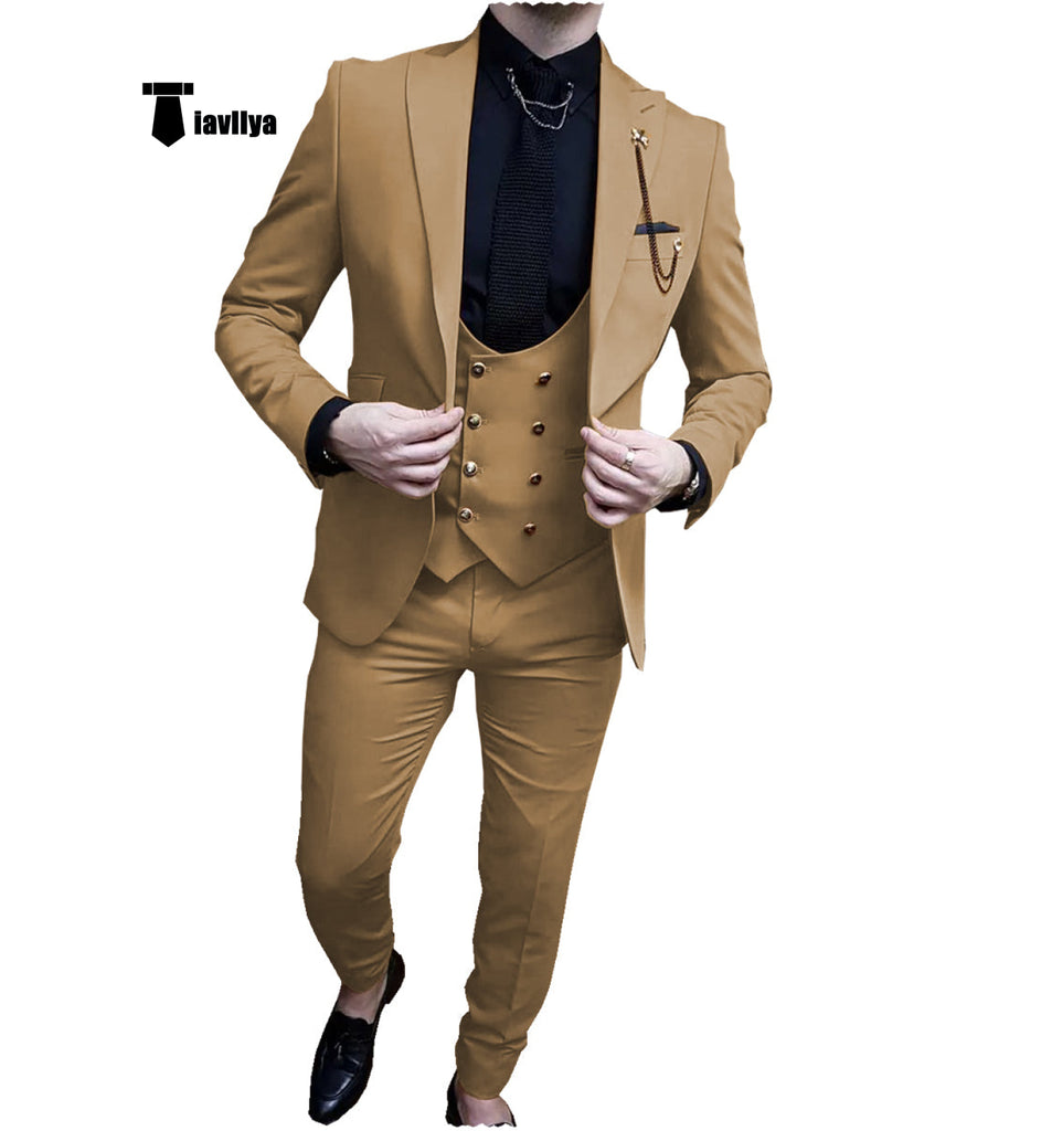 Fashion Men’s Suit 3 Piece Peak Lapel Flat Tuxedo Wedding (Blazer + Vest + Pants) Xs / Brown