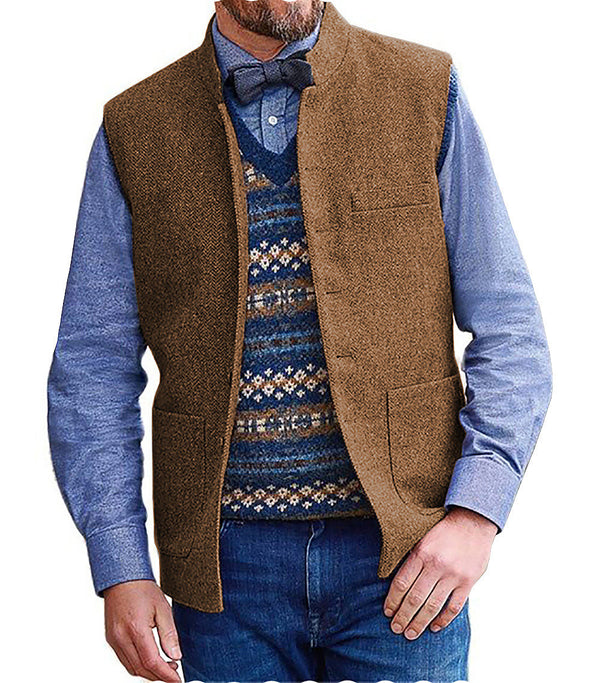 Suit Vest - Men's Slim Fit Herringbone Stand Collar Waistcoat