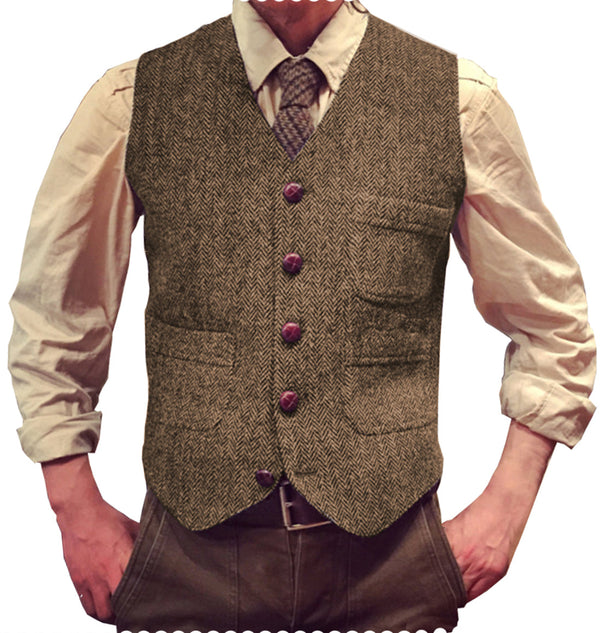 Suit Vest - Vintage Classical Mens Regular Fit Tweed Herringbone V Neck Waistcoat