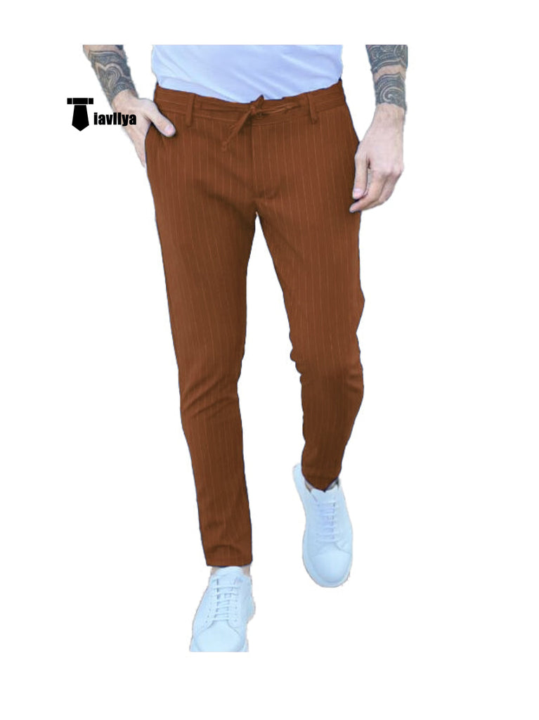 Fashion Men’s Suit Pants Stripe Regular Fit Trousers 29W X 28L / Brown