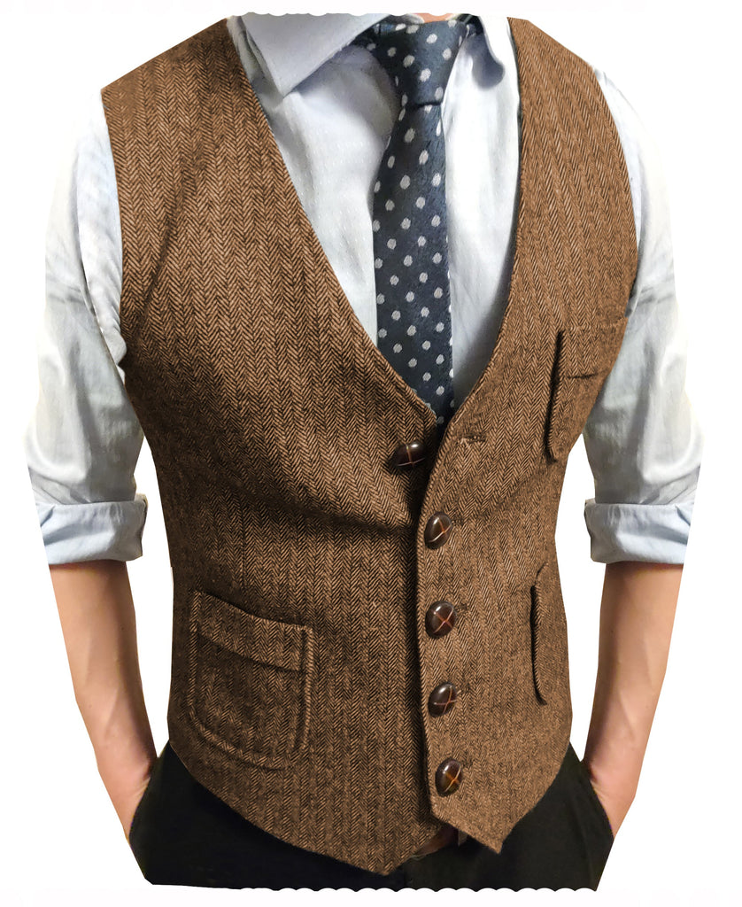 Suit Vest - Men's Slim Fit Tweed Herringbone V Neck Waistcoat