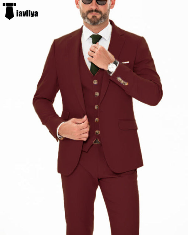 Formal Men’s 3 Piece Regular Fit Notch Lapel Flat Suit (Blazer + Vest + Pants) Xs / Burgundy