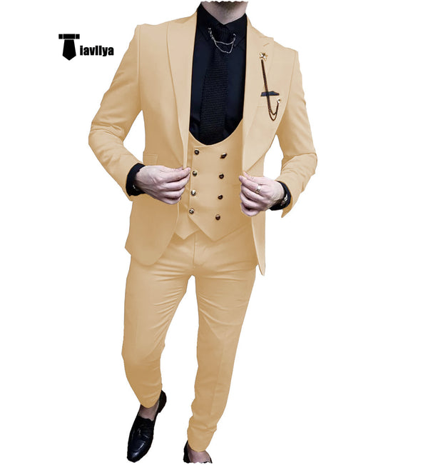 Fashion Men’s Suit 3 Piece Peak Lapel Flat Tuxedo Wedding (Blazer + Vest + Pants) Xs / Champagne