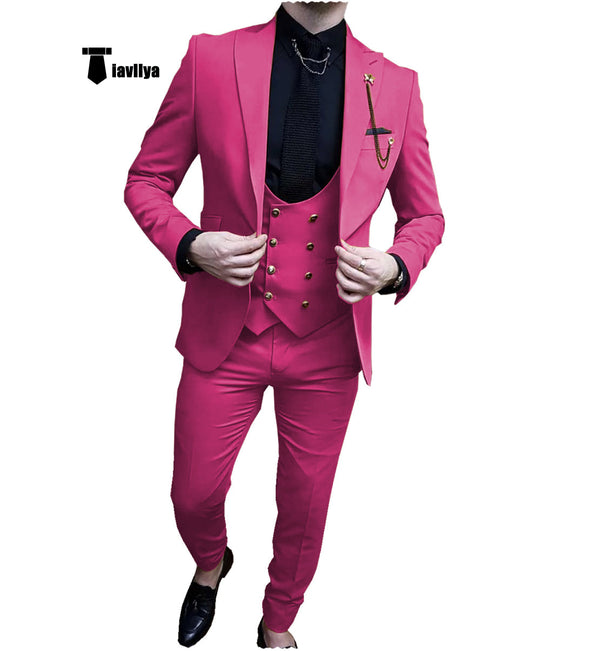 Fashion Men’s Suit 3 Piece Peak Lapel Flat Tuxedo Wedding (Blazer + Vest + Pants) Xs / Fuchsia