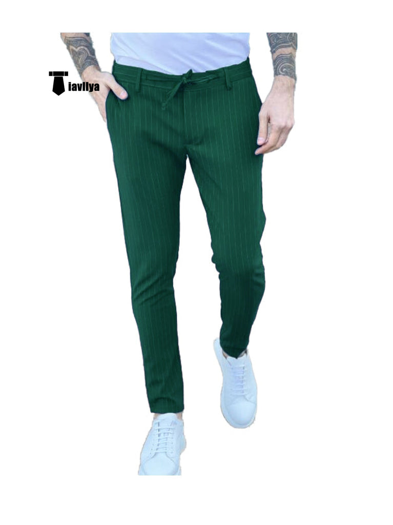 Fashion Men’s Suit Pants Stripe Regular Fit Trousers 29W X 28L / Green