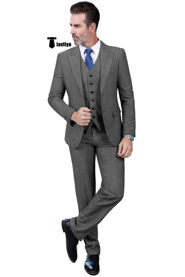 Cassual Men’s 3 Pieces Suit Tweed Peak Lapel Tuxedos (Blazer + Vest + Pants) Xs / Grey Pieces Suit