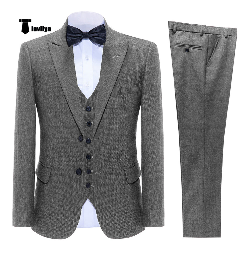 Vintage Classical Men’s 3 Pieces Suit Tweed Notch Lapel Tuxedos (Blazer + Vest + Pants) Xs / Grey