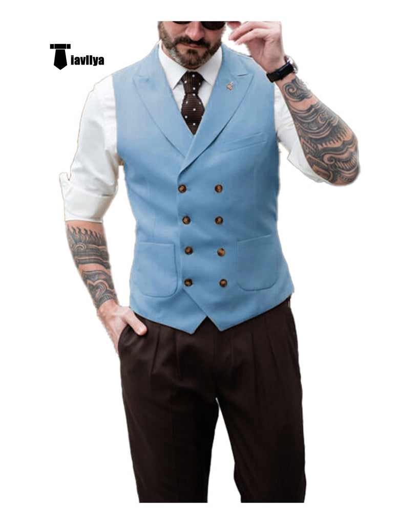 Fashion Men’s Suit Vest Regular Fit Peak Lapel Waistcoat Wedding Xs / Light Blue