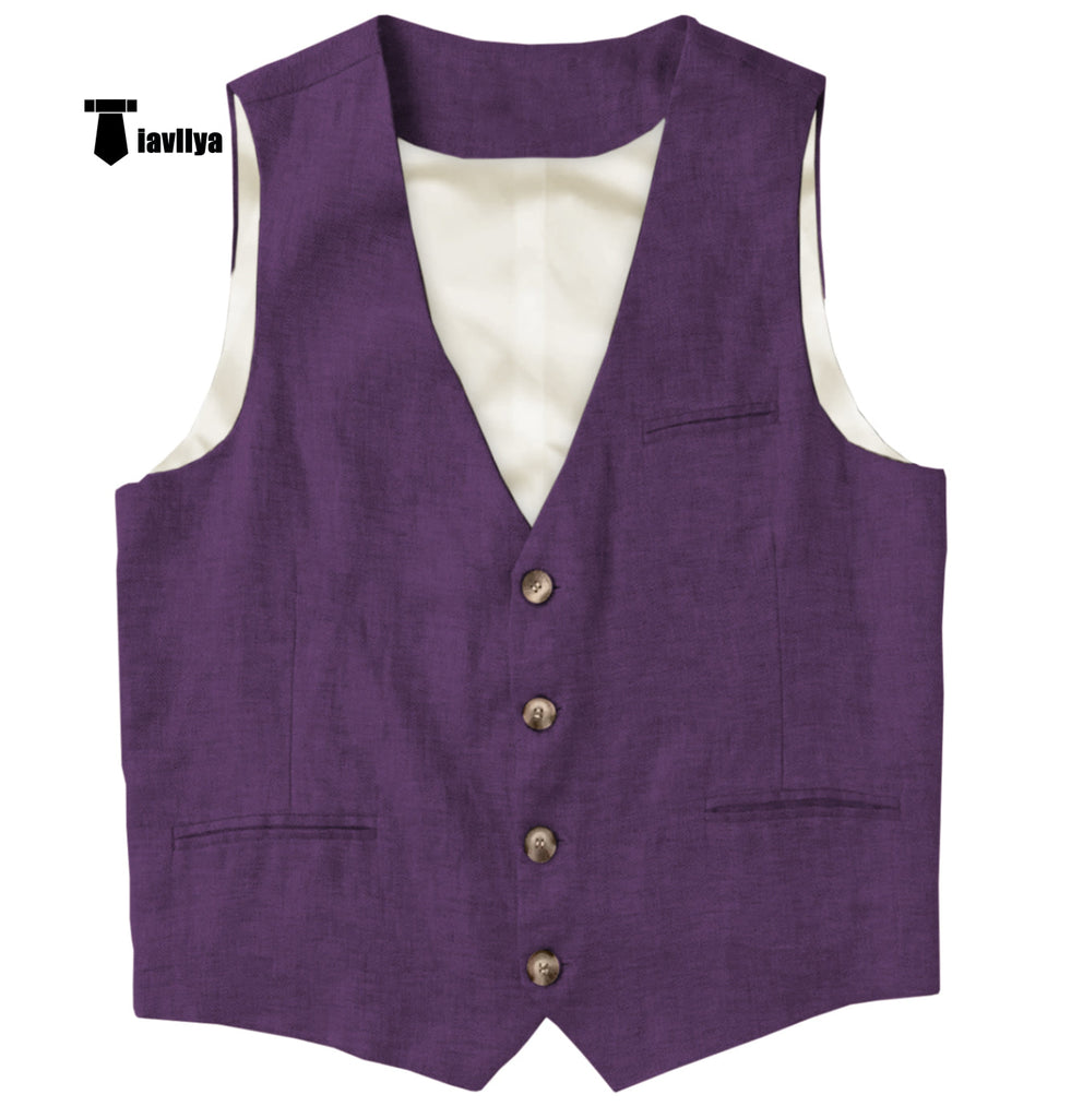 Casual Mens Waistcoat Flat Linen V Neck Waistcoat For Wedding Xs / Purple Suit Vest