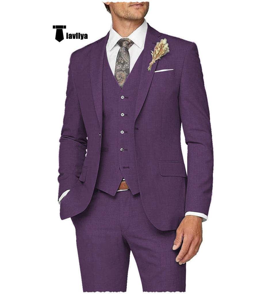 Casual Men’s 3 Pieces Mens Suit Notch Lapel Linen For Wedding (Blazer + Vest + Pants) Xs / Purple