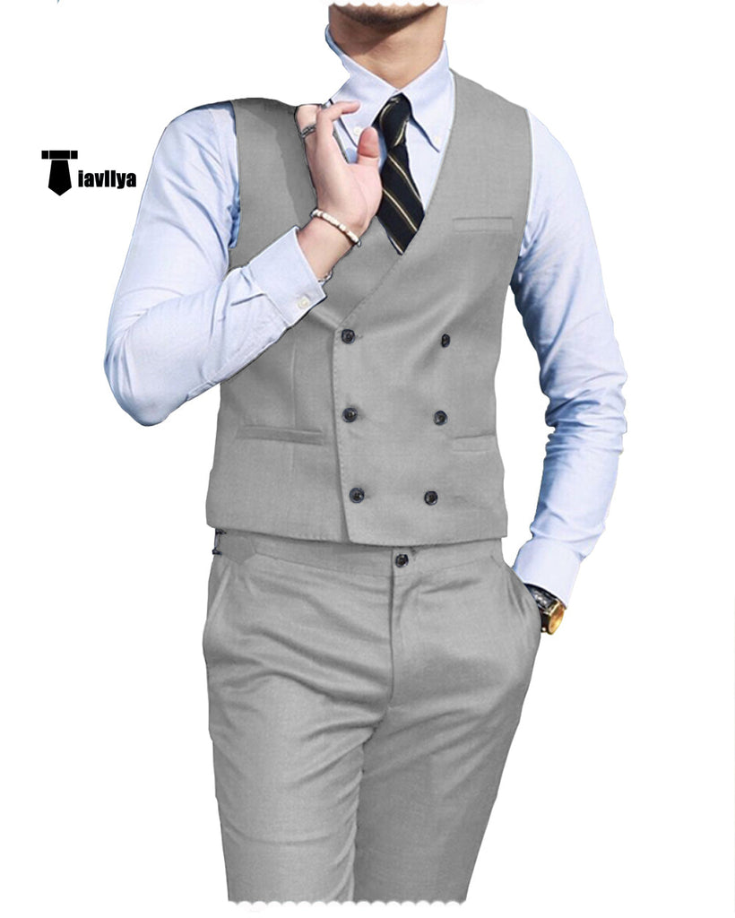 Double Breasted Fashion 2 Pieces Mens Suit For Wedding(Vest + Pants) Xs / Silver Suit