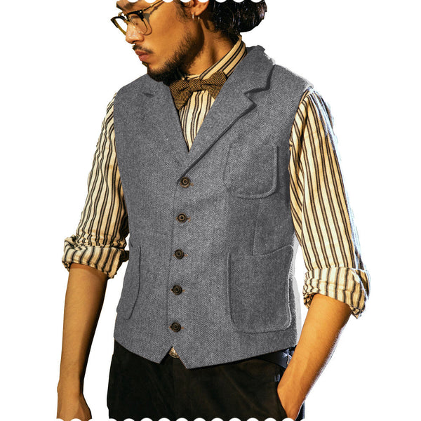 Suit Vest - Fashion Men's Classic Tweed Herringbone Notch Lapel Waistcoat