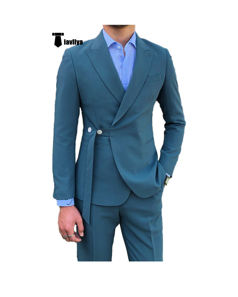 Fashion 2 Piece Men’s Suit Slim Fit Peak Lapel Tuxedo For Wedding (Blazer + Pants) Xs / Teal